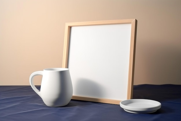 A wooden frame with a white mug and a plate on a table.