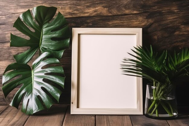 Photo wooden frame on a wooden background with a green leaf mockup copy space