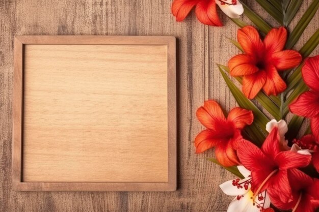 Wooden frame on a wooden background with a tropical flower mockup copy space