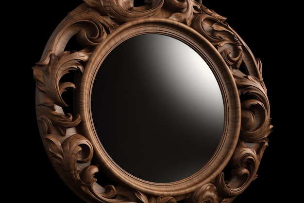 A wooden framed mirror with ornate carvings on the top.