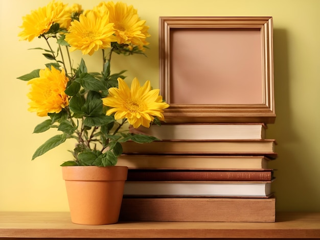 A wooden frames mockup flowerpot on a pile of books
