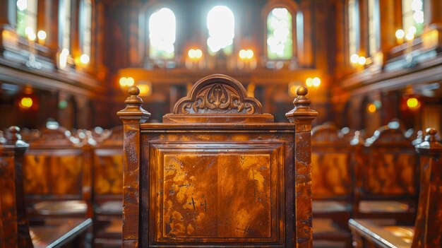 Wooden furniture in the interior of the old church Closeup