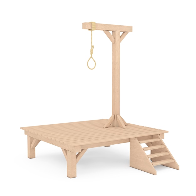 Photo wooden gallows with hanging noose rope tied knot on a white background. 3d rendering