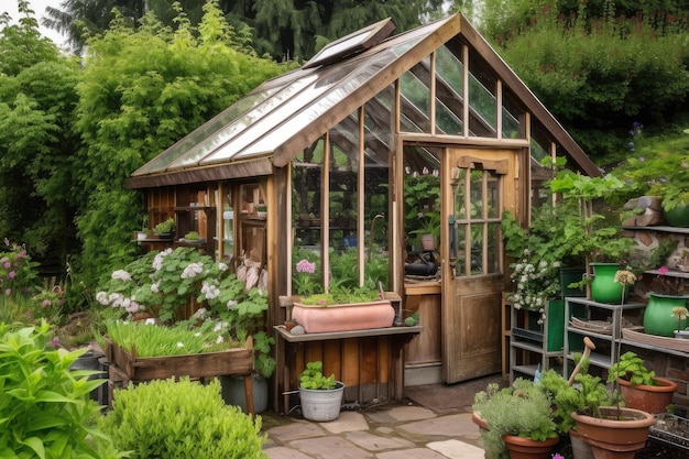 Wooden garden shed with greenhouse windows filled with lush plants