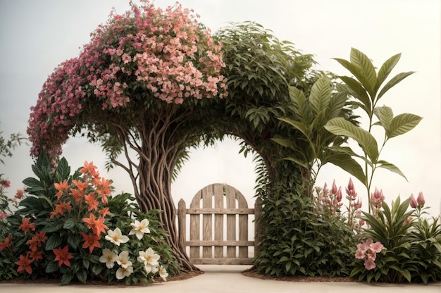 Wooden gate in the garden with beautiful flowers vintage tone