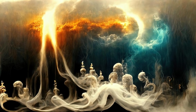 Wooden gate in thick smoke in the form of clouds to the portal 3d render. Raster illustration.