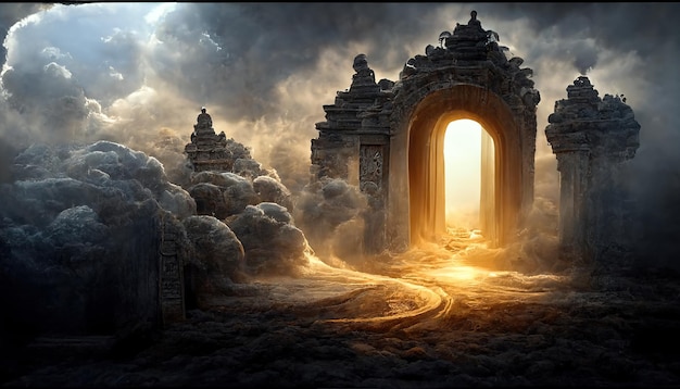 Wooden gate in thick smoke in the form of clouds to the portal to the underworld. 3D render.