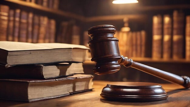 Wooden gavel and books on wooden table