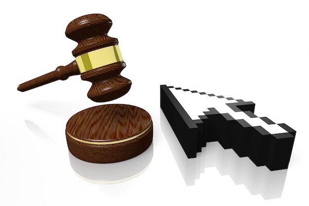 Photo wooden gavel and computer cursor 3d illustration