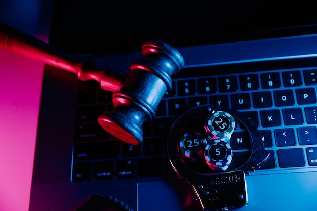 Wooden gavel, handcuffs and playing chips on keyboard in neon\
light. online casino and law concept