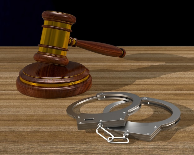 Wooden gavel and handcuffs on table. 3D illustration