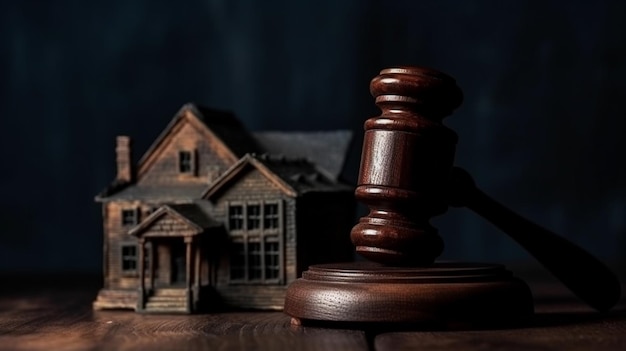 a wooden gavel is placed on a table with a house in the background.