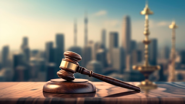 A wooden gavel of law on a table top with city skyline in blur background beautiful Generative AI AIG32