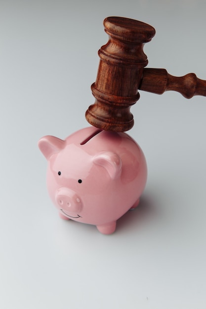 Wooden gavel and pink piggy bank. Vertical image