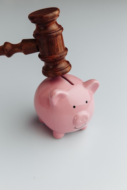 Wooden gavel and pink piggy bank.