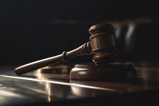 A wooden gavel sits on a desk in a court room.