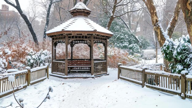 Photo a wooden gazebo covered in snow in a park the snow is falling heavily and the trees are bare