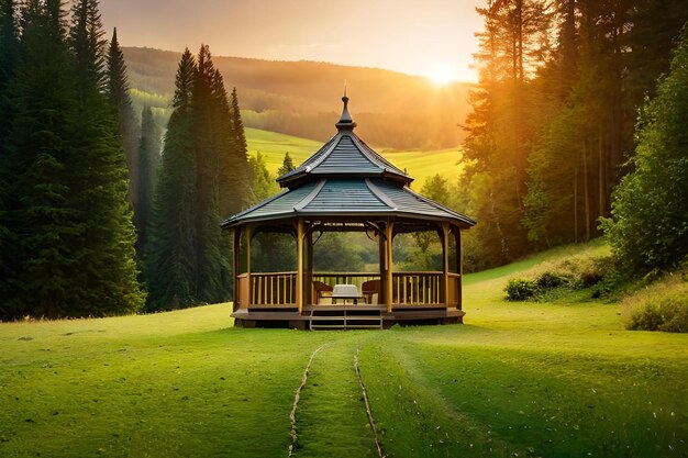 A wooden gazebo in a forest with a sunset in the background