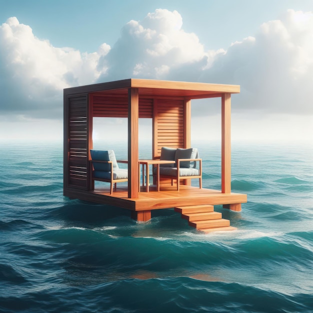 Wooden gazebo for relaxing in the open sea