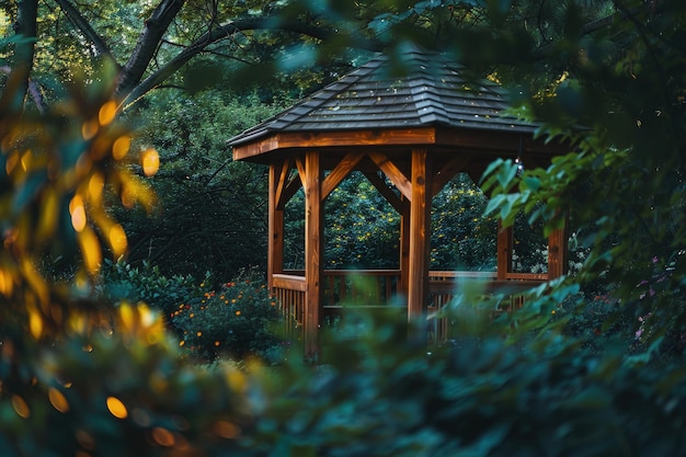 A wooden gazebo surrounded by trees and bushes