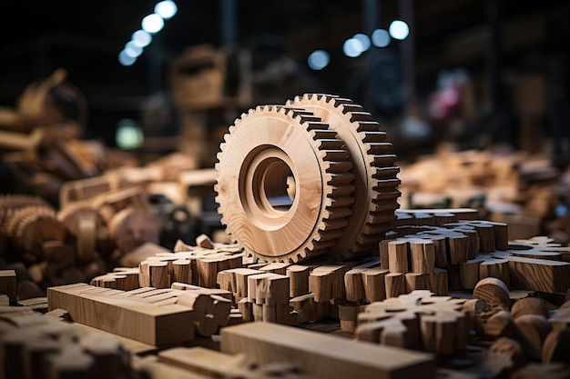 Wooden gears and cogwheels on the background of the workshopgenerative ai