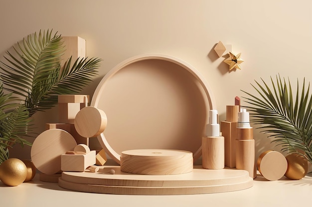 Wooden geometric shapes cube and circle podium scene for cosmetic product beige background palm