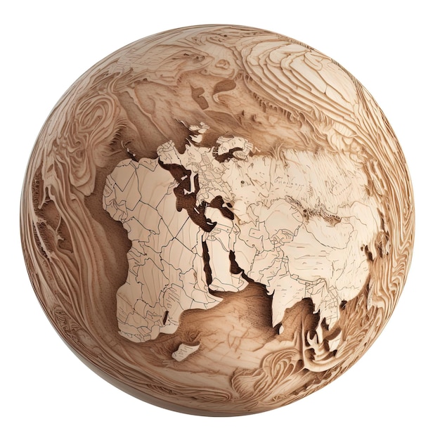 A wooden globe with the map of the world on it