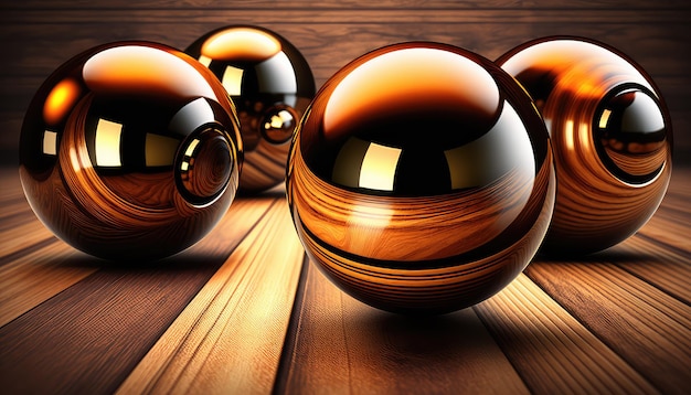 Wooden glossy 3d spheres abstract background Generative AI