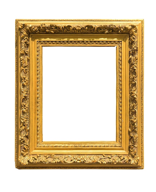 Wooden golden colored picture frame on white background