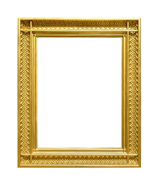 Wooden golden colored picture frame on white background