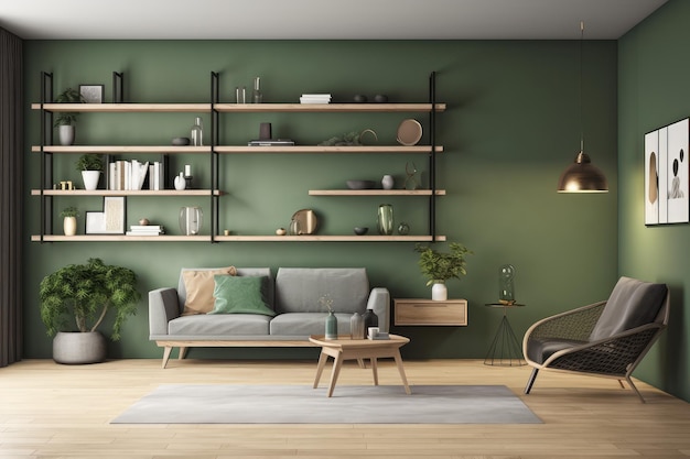 Wooden and green living room interior with shelves