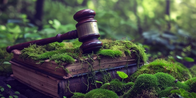 A wooden hammer lies on a book covered with moss