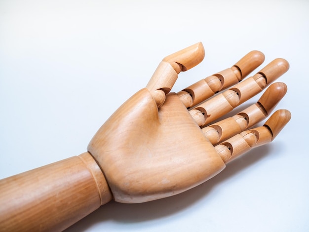 Wooden hand isolated on white background