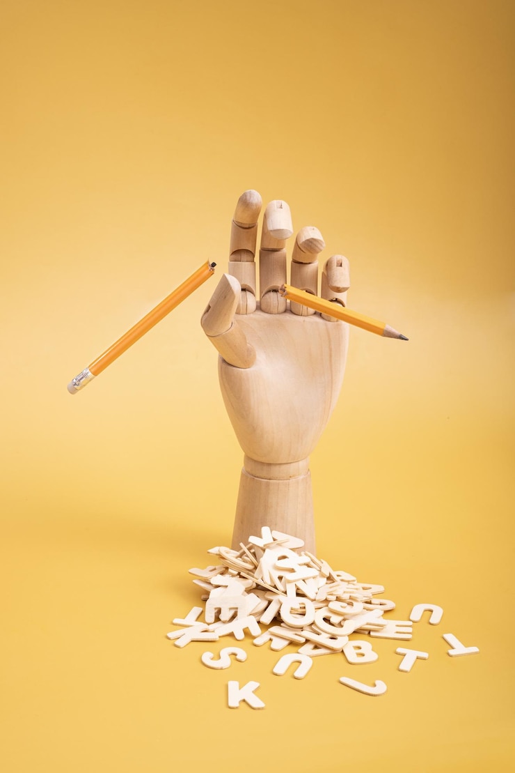 फोटो wooden hand with a broken pencil and wooden letters high quality photo