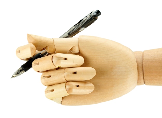 Photo wooden hand with pen isolated on white