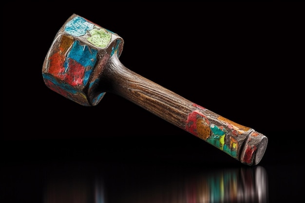 A wooden handle with colorful paint on it is on a black background generative ai