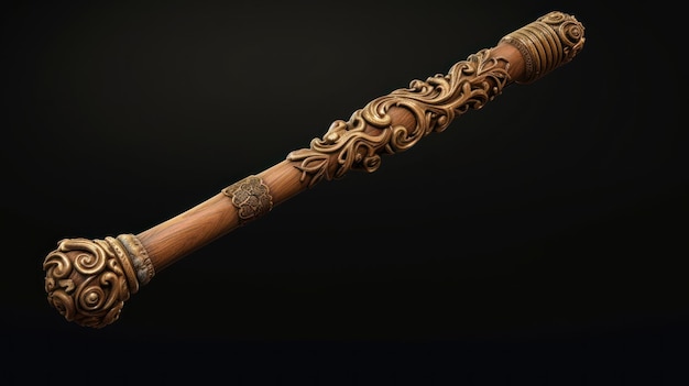 A wooden handle with a scroll design on the top.