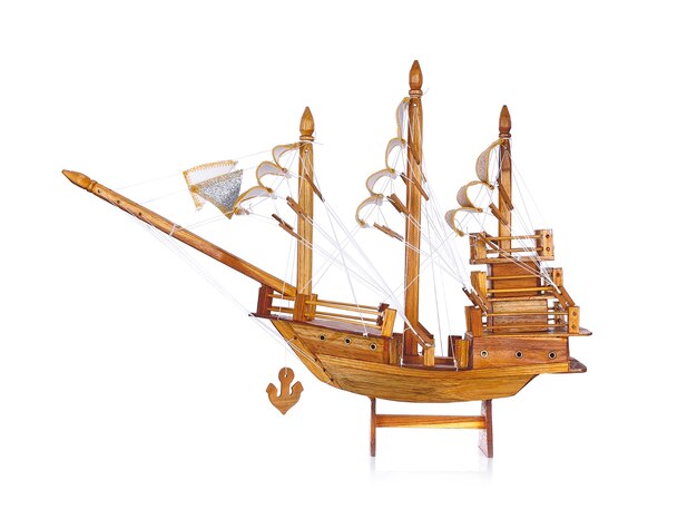 Wooden handmade clipper ship for home decoration isolated