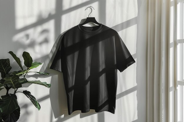 Wooden hanger with empty black tshirt hanging on dark brick background Retail concept Mock up 3D Rendering