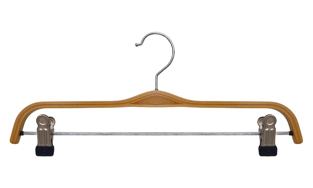 Photo wooden hanger with metal clips for hanging clothes clothes hanger isolated on white background