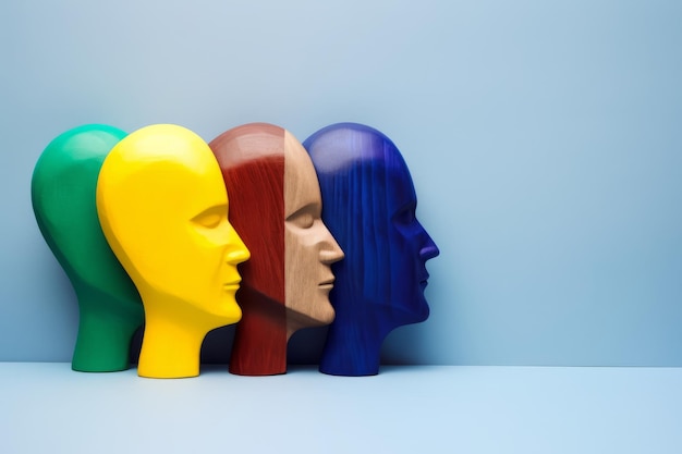 多様性と包括性を象徴するさまざまな色を表現した木製の頭 生成 AI