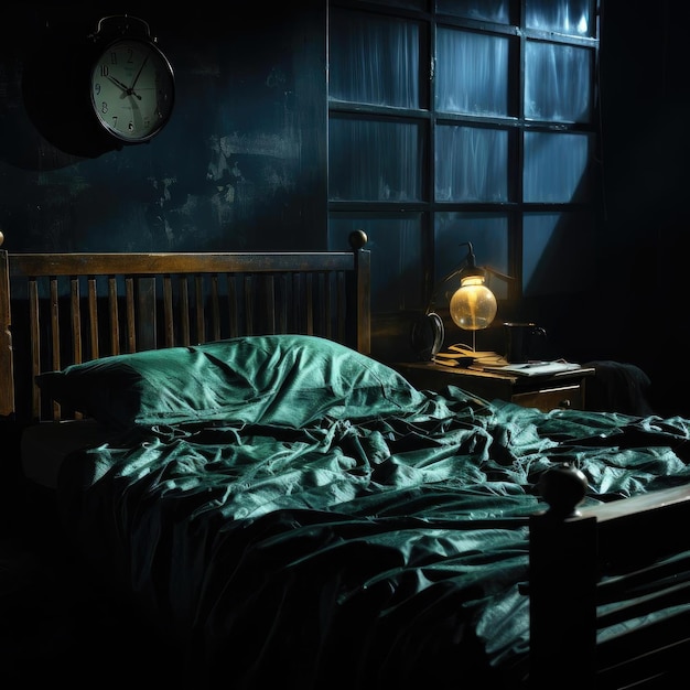 Wooden headboard in dark room evokes industrial themes