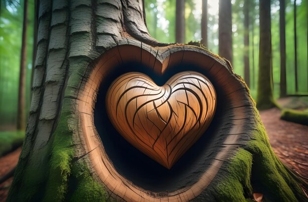 Фото Деревянное сердце в лесу генеративный ии