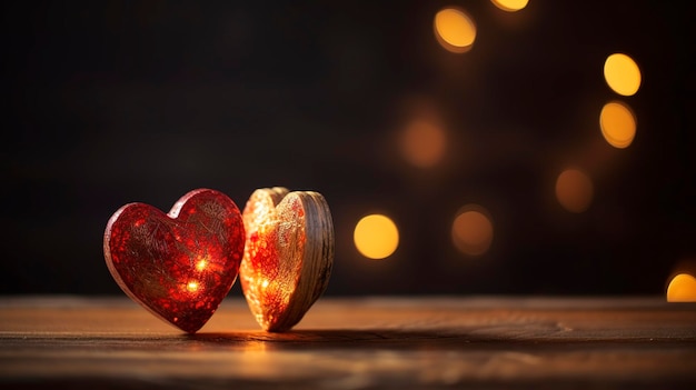 보케 패노라마 스타일의 색 배경 앞에 나무 심장 실루 밝은 빨간색과 은색 로맨틱한 부드러운 초점과 에테리얼 빛 2차원 생성 ai