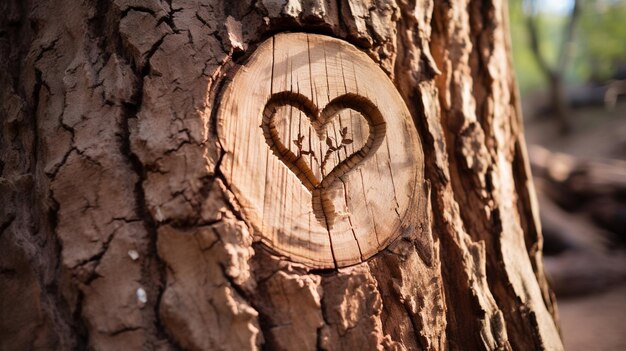 Photo wooden heart on a tree in the forest the concept of love