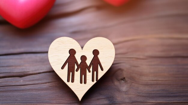 A wooden heart with a family silhouette etched on it symbolizing love and unity