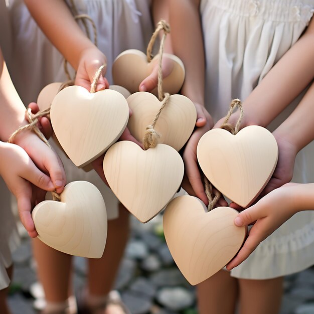 Foto cuori di legno nelle mani dei bambini