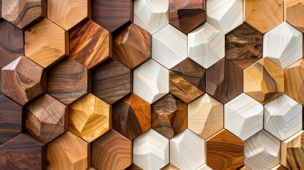 Wooden hexagons form a geometric fall in a captivating 3D front view