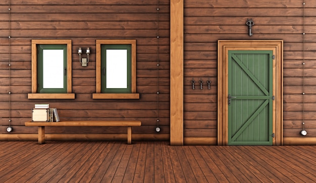 деревянный дом с закрытой входной дверью и скамейкой