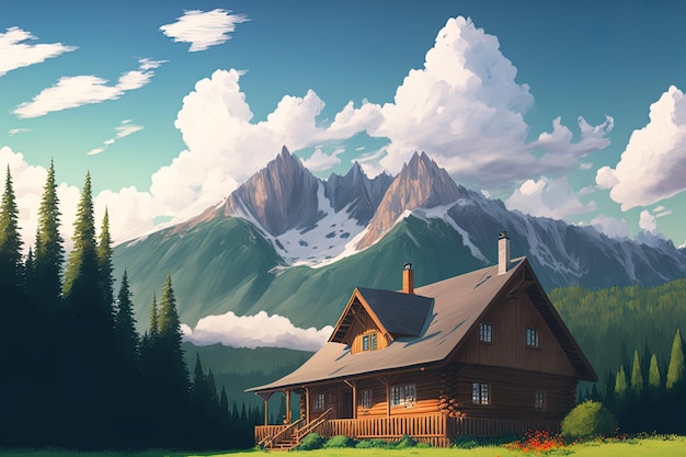 A wooden home surrounded by lush mountains a clear sky and clouds